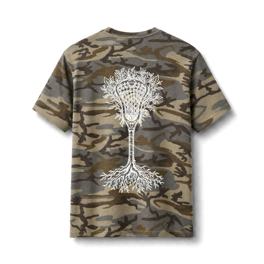 A short-sleeve crewneck t-shirt featuring a brown and green camouflage pattern with a large white lacrosse graphic printed on the back.